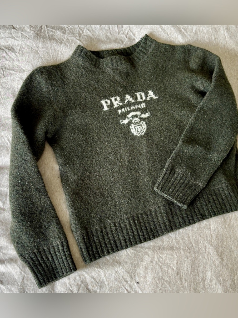 Prada cashmere and wool logo crew-neck sweater in olive green